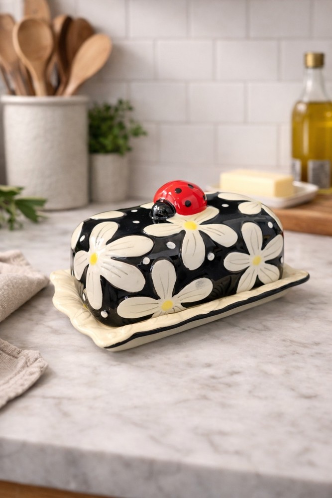 New Ceramic Summer Spring Ladybug On Daisy Flower Kitchen Butter Dish