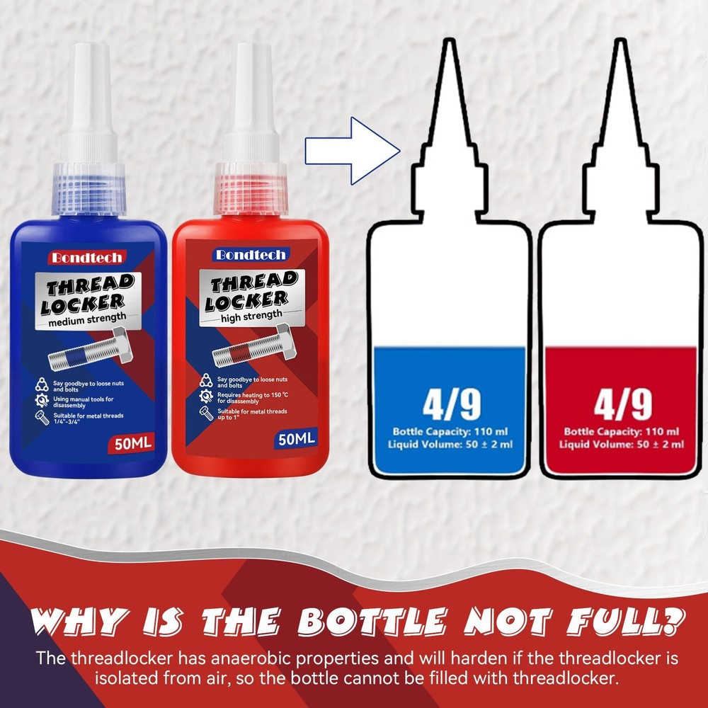 Thread Lock Blue and Red, Threadlocker Medium High Strength, blue
