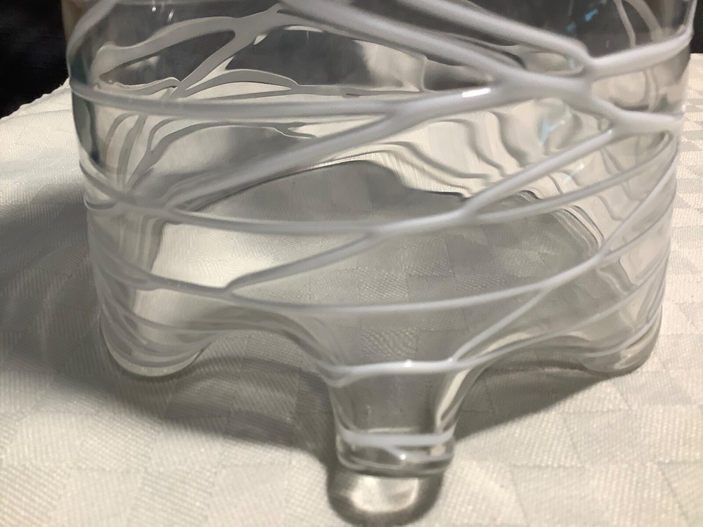 Clear Glass 10” Pitcher Raised White Drizzle Glaze Applied Handle