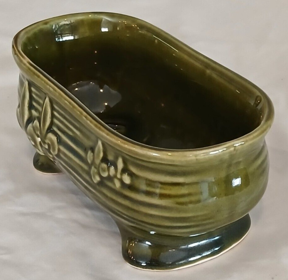 Olive Green Footed Oval Shaped Fleur De Lis Ceramic Planter6.6"x3.25"
