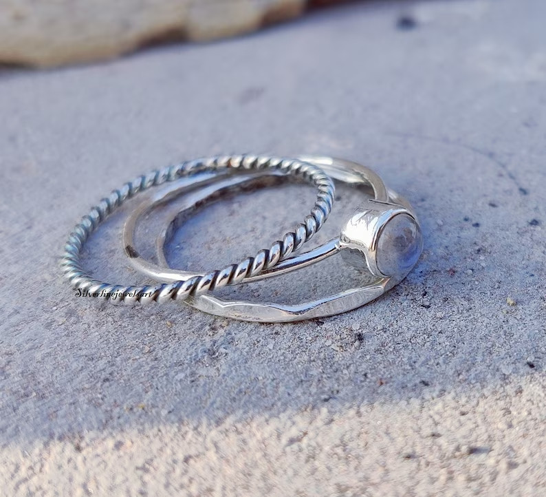 Handmade Moonstone Stacking Ring: 925 Sterling Silver Band Ring All Size