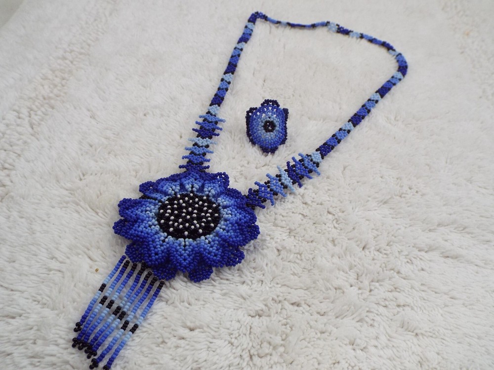 Black Blue Micro Glass Bead Pendant Necklace + Ring