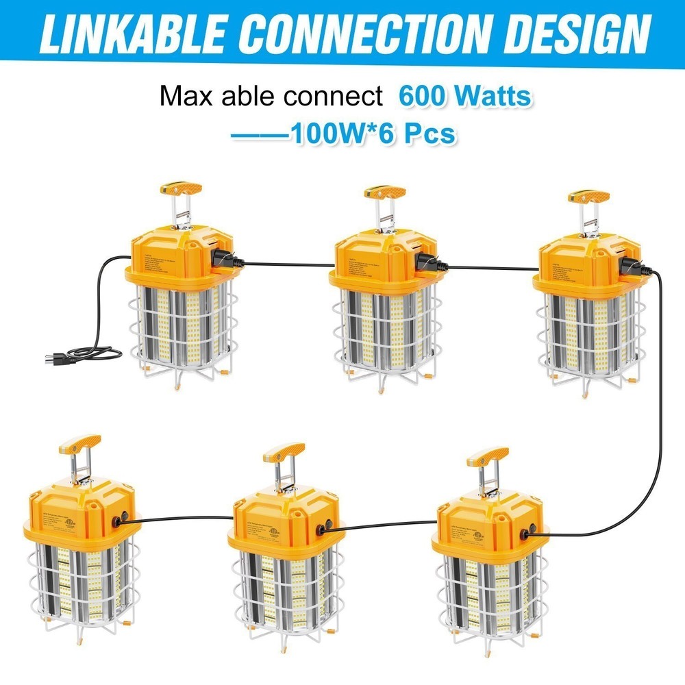 LED Temporary Work Light Linkable 100W 15000Lm Portable Work Lights 10FT Cable