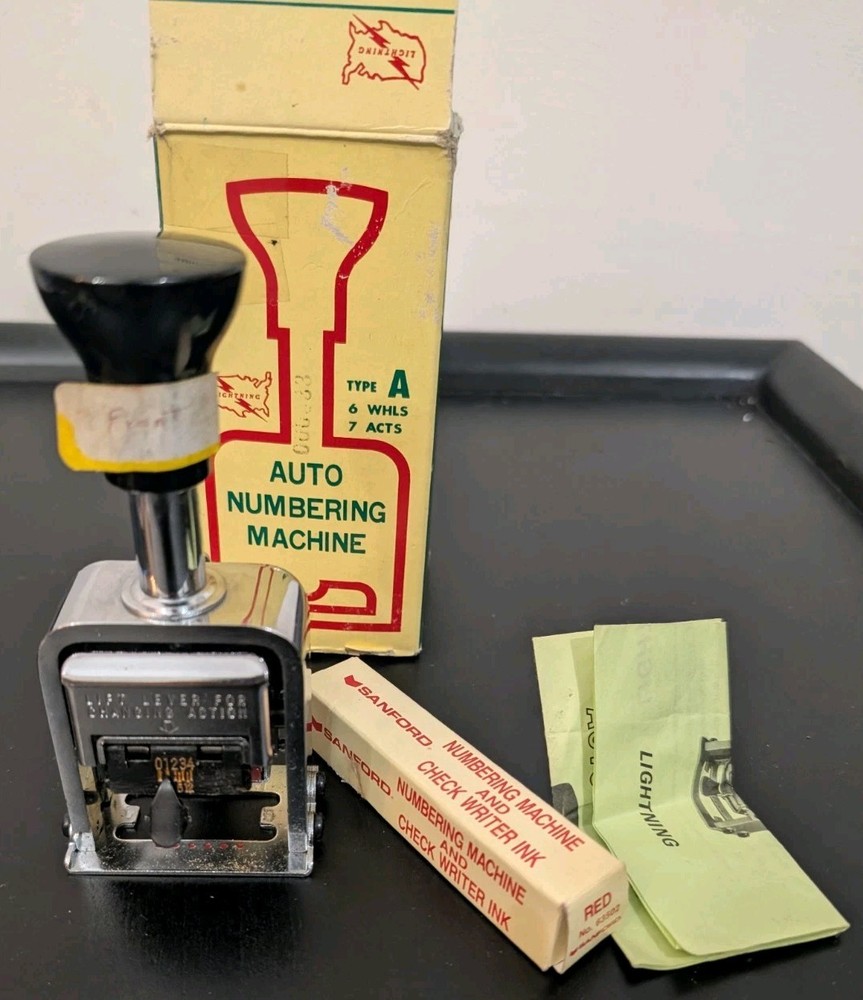 Vtg Lightning Auto Numbering Machine Type A 6 Wheels 7 Actions