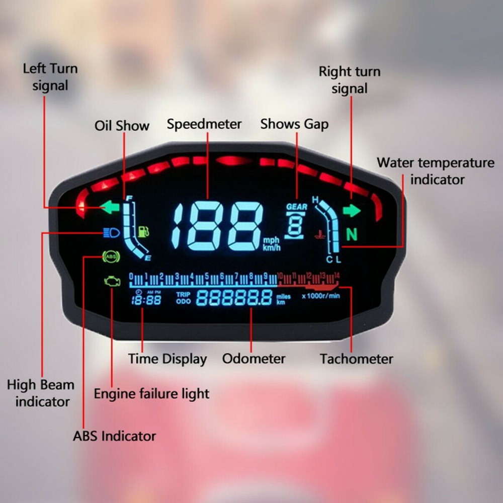 LCD Digital Universal Motorcycle Tachometer Odometer Speedometer KM/H MPH Gauge