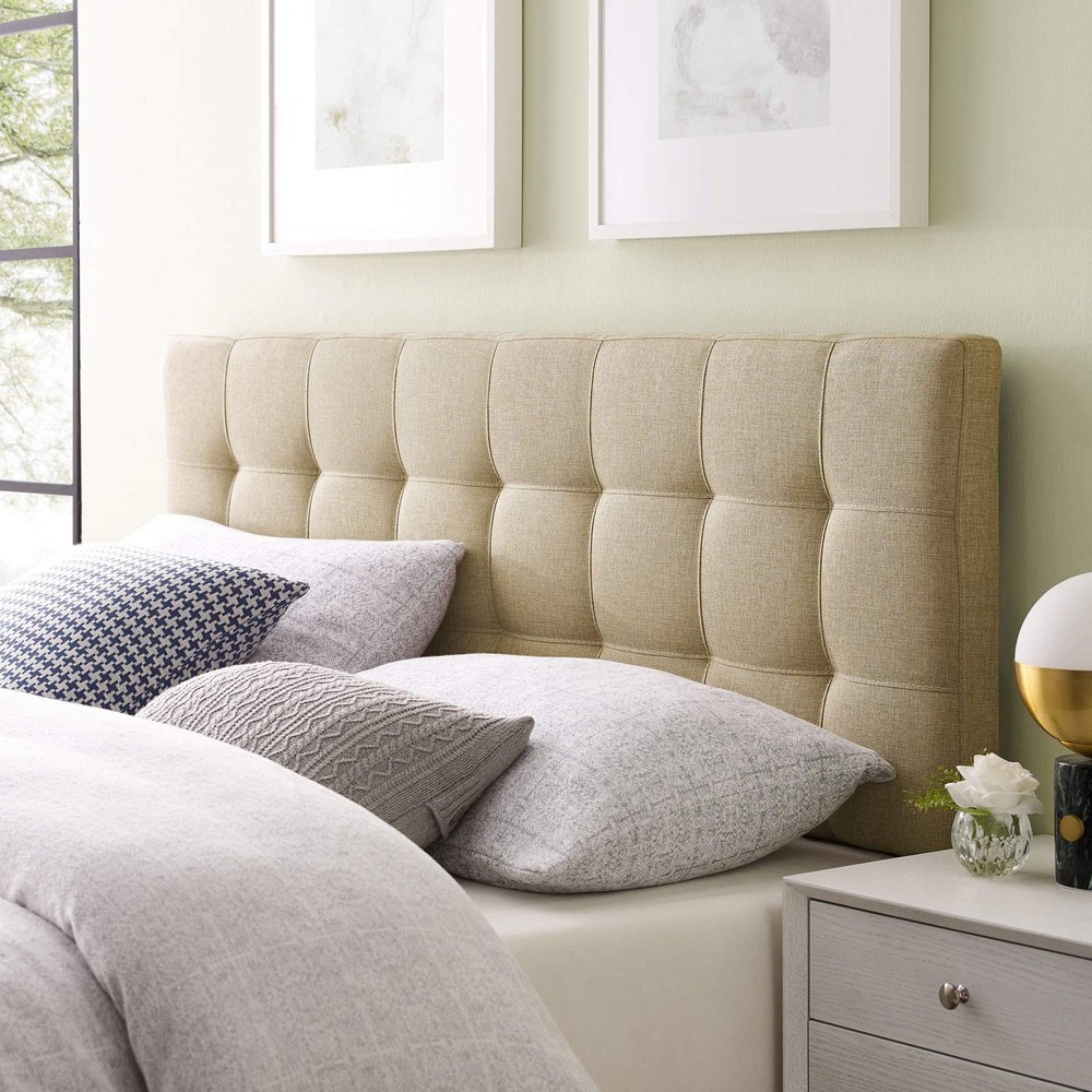 Beige Tufted Full Headboard Adjustable Height Upholstered Fabric Modern Design