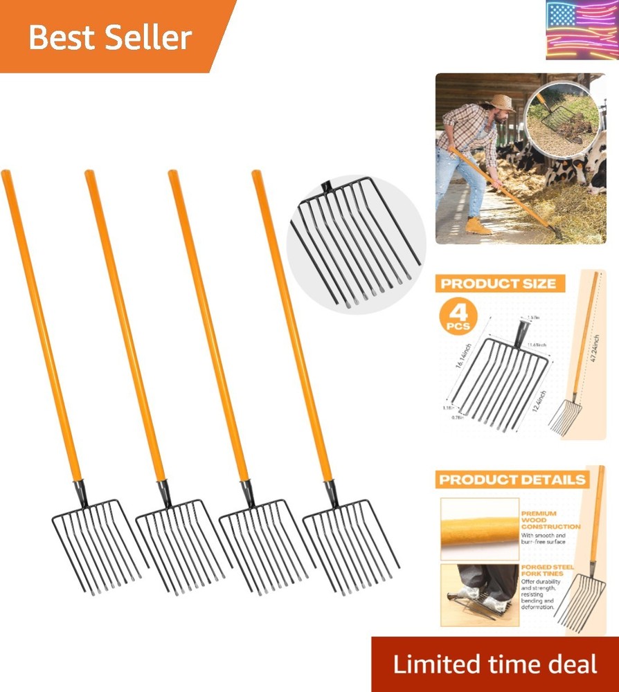 4 Sets Pitch Fork 10 Tines Wide Manure Fork with Long Handle Heavy Duty Muck ...