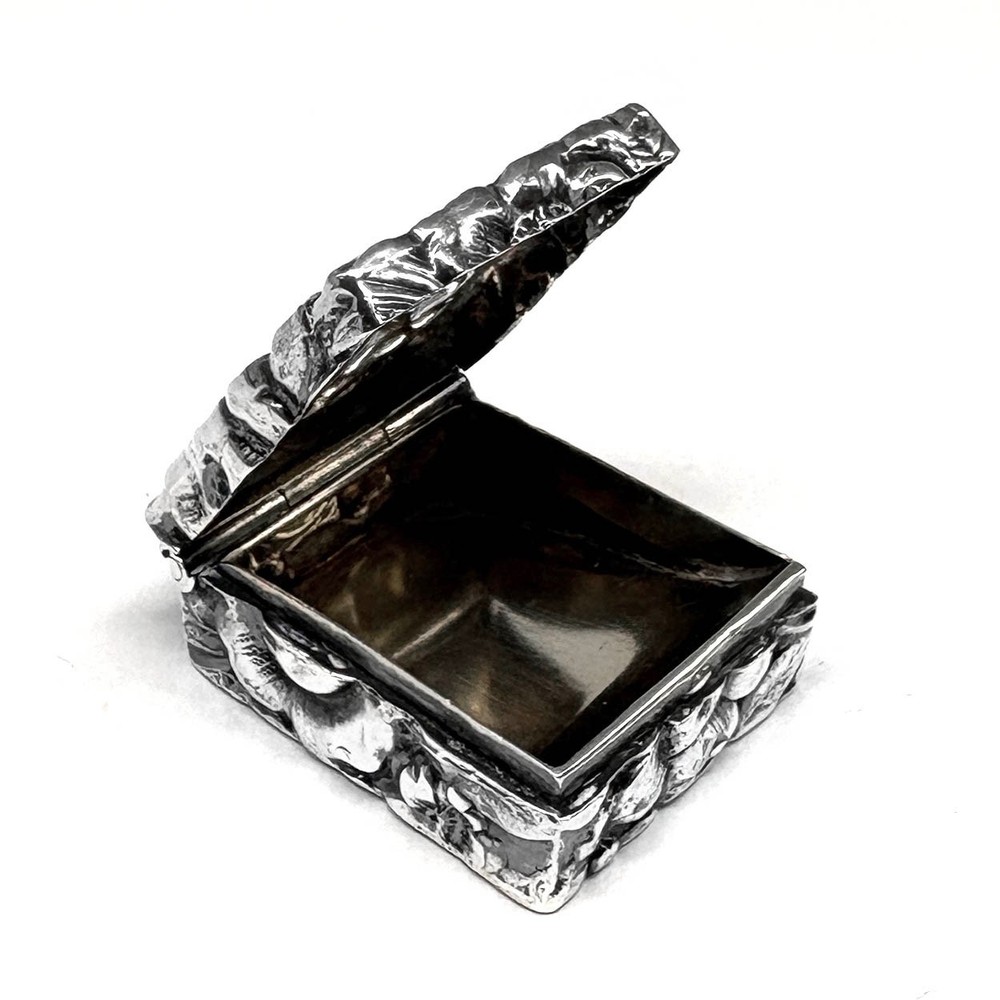Antique Victorian REPOUSSE STERLING STAMP BOX Holder Postage 1890s Silver Signed