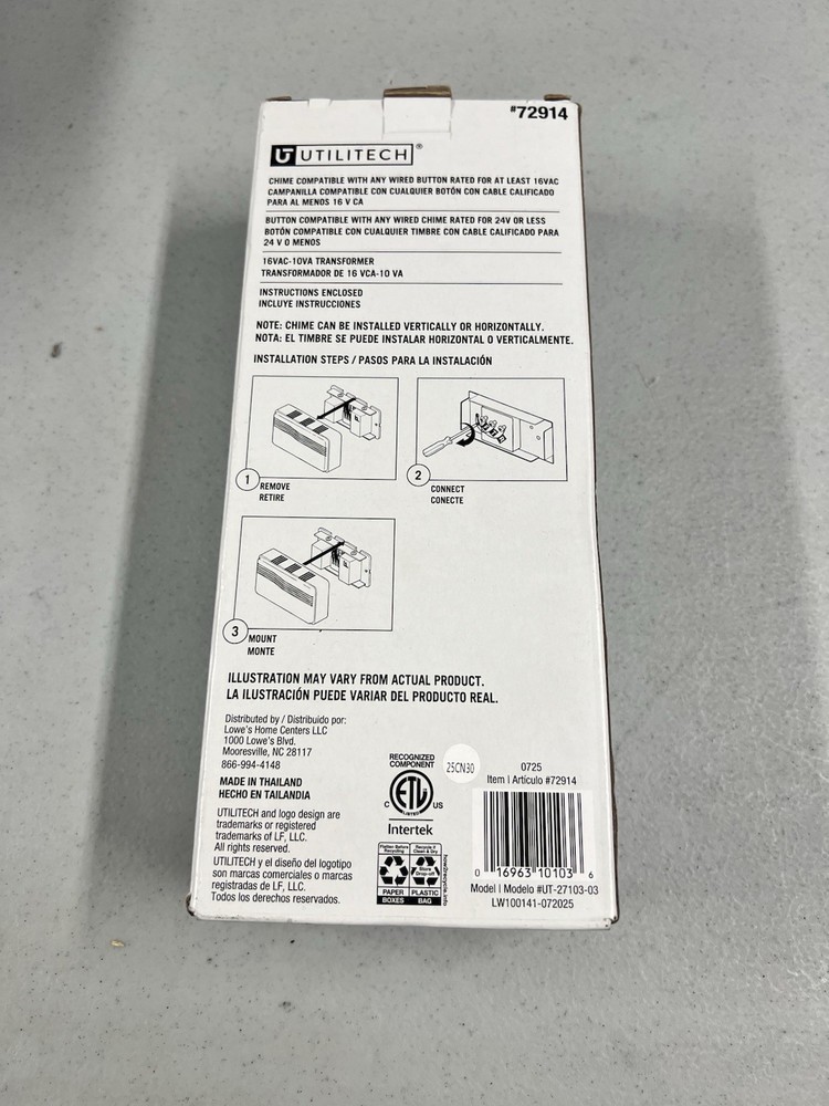 Utilitech Wired Contractor Doorbell Kit Finish Chime Transformer Model 72914