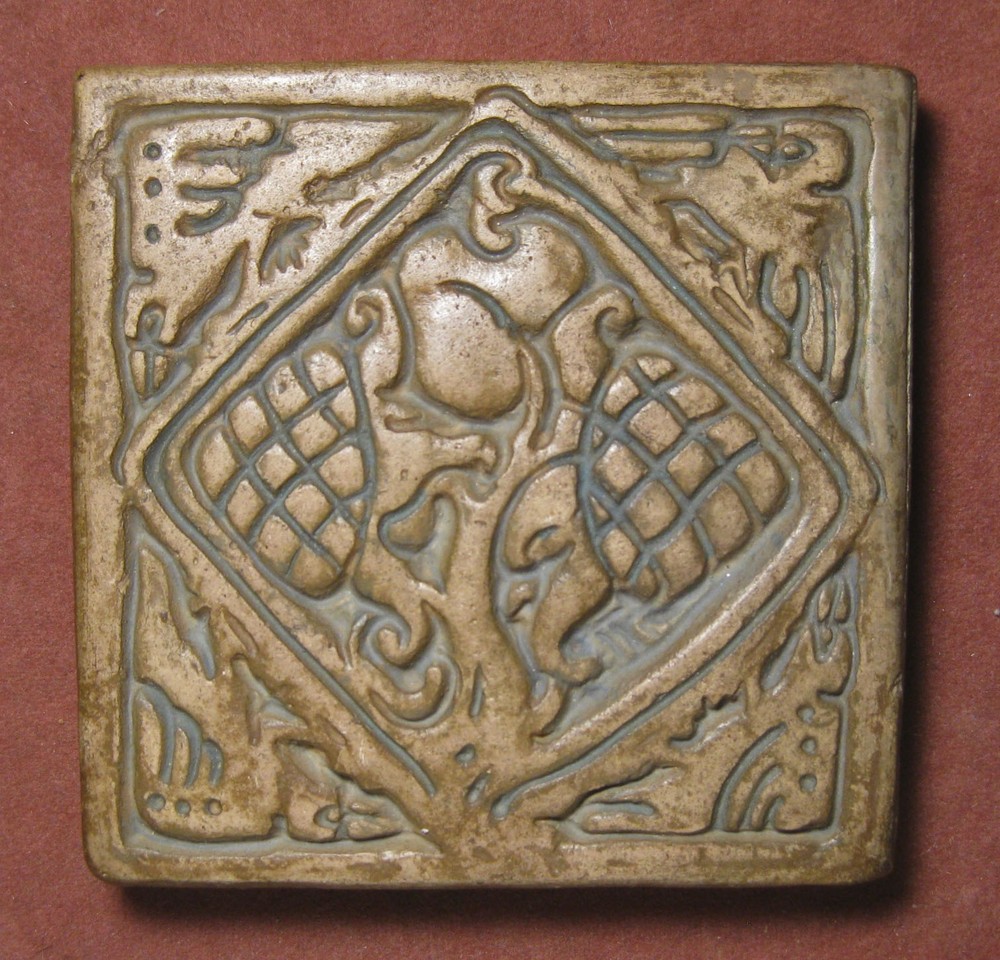 Arts & Crafts Unsigned Batchelder Tile, 4" square, Pine Cones & Birds Design