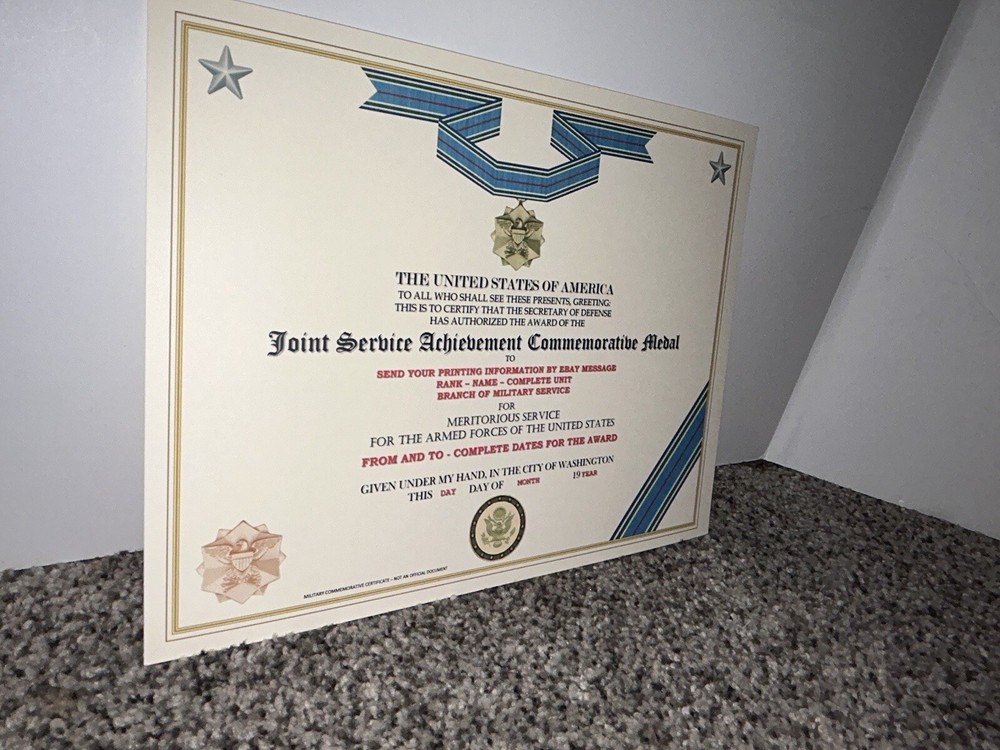 JOINT SERVICE ACHIEVEMENT MEDAL COMMEMORATIVE CERTIFICATE ~ TYPE-2 w/PRINTING