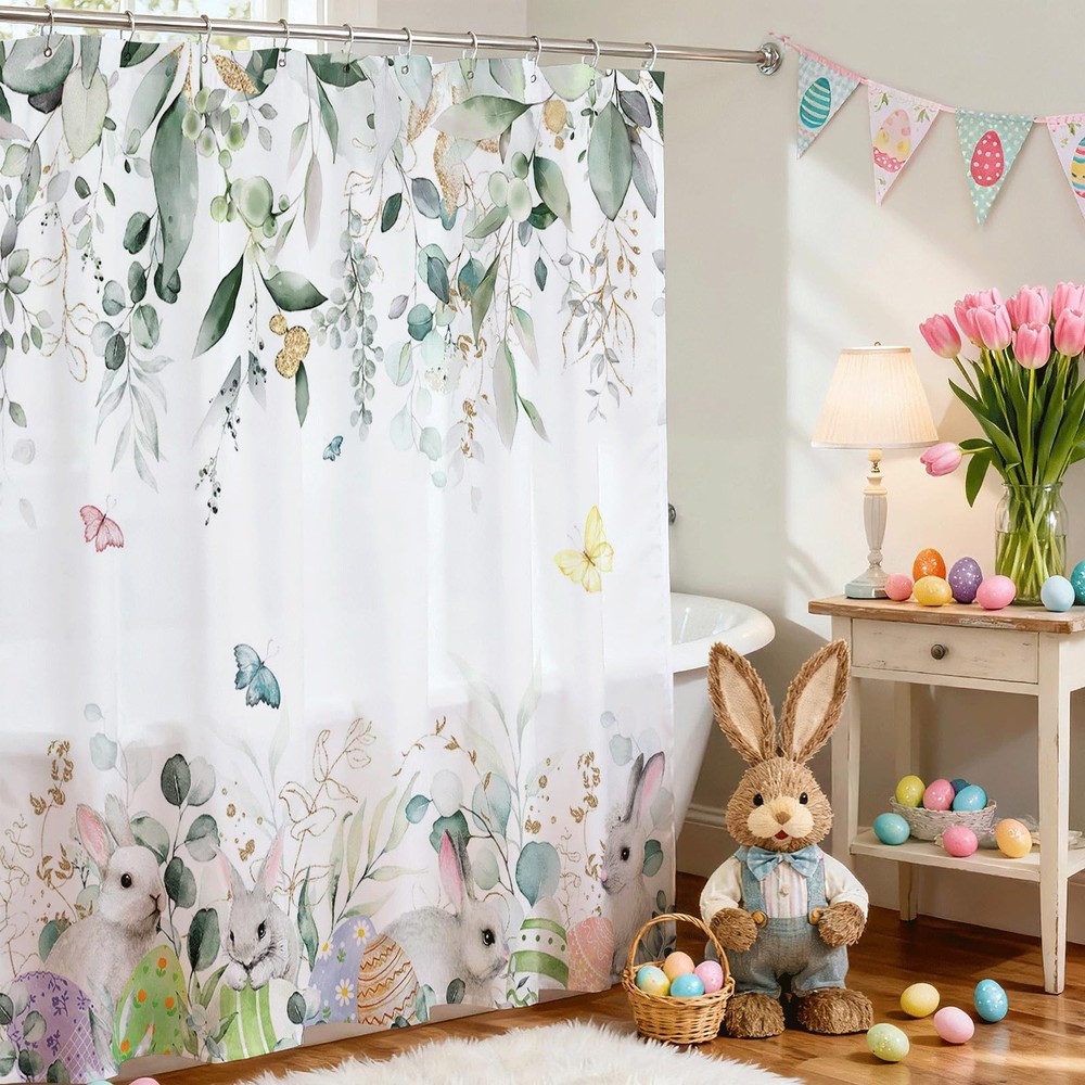 Spring Easter Shower Curtain for Bathroom Happy Easter Bunny Green Eucalyptus Sh