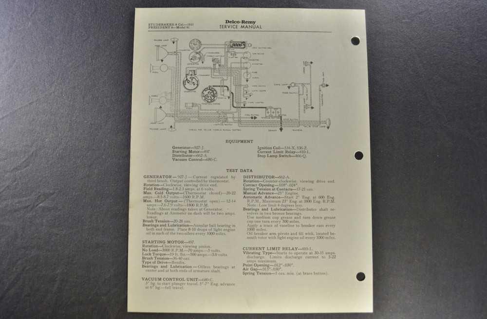 1932 Studebaker Wiring Diagram 8-Cylinder Commander Dictator President Original