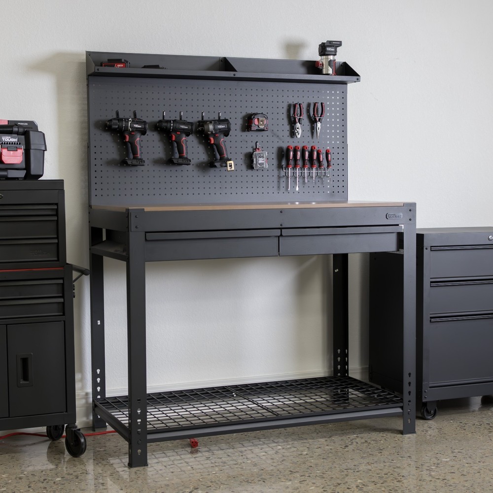 Hyper Tough 48" Steel Workbench 2 Drawers Pegboard Mesh Storage Shelf