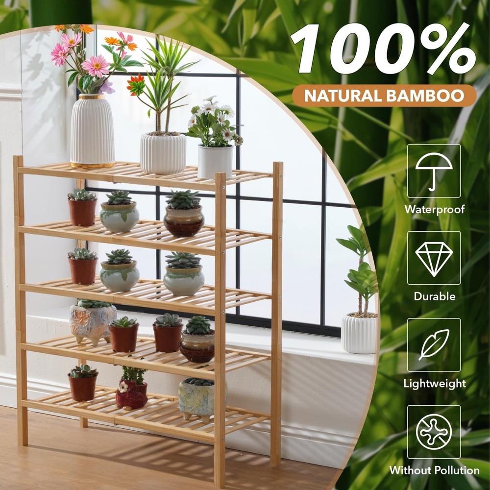 5 Tier Bamboo Shoe Rack Storage Organizer for Closet, Multifunctional Stackab...