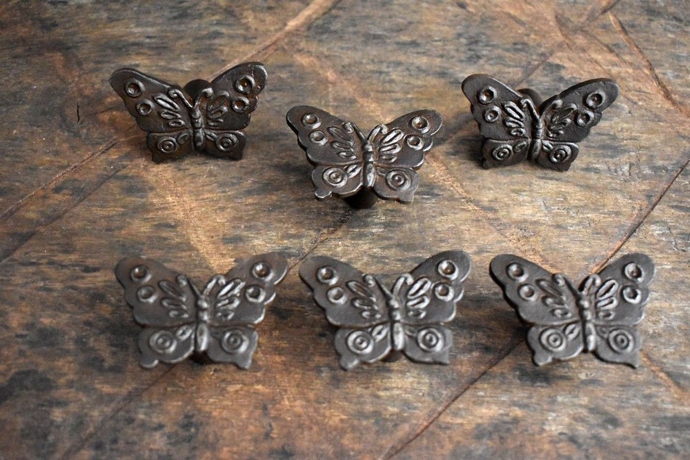 Iron door knobs Vintage Butterfly cabinet drawer handles pull rustic hardwr 6pc