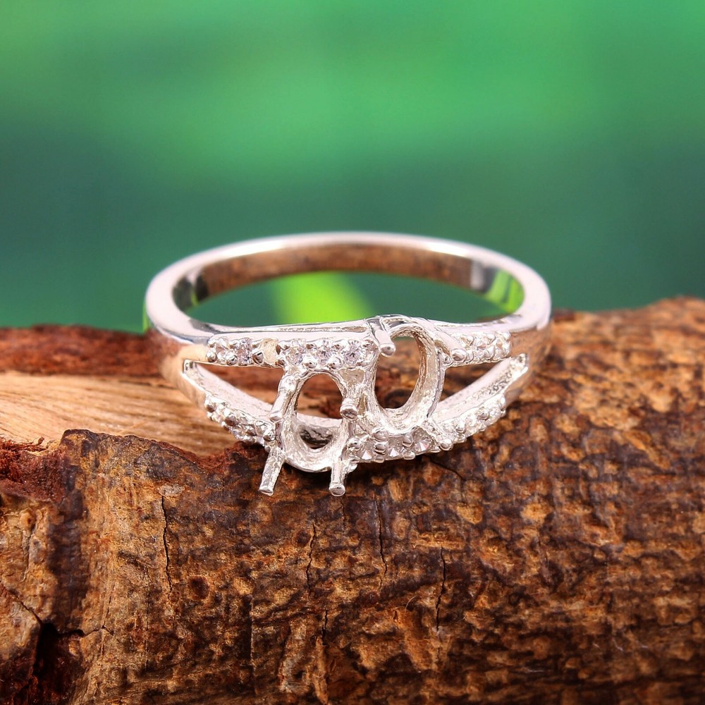 Engagement Ring Semi Mount Ring 2 Piece Setting Size 6X4 MM Sterling Silver