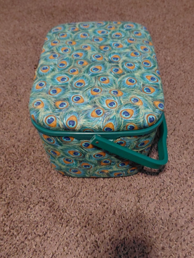 Dritz Peacock Feather Fabric Covered Sewing Basket Box + Mini Sewing Kit