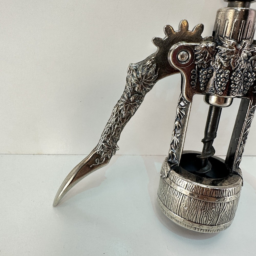 Heavy Duty Winged Lever Corkscrew Metal Grape Vine Design Silver Tone