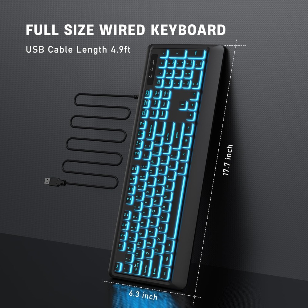 Wired USB LED Keyboard, 7 Colors Backlight, Full Size Quiet, Waterproof, PC