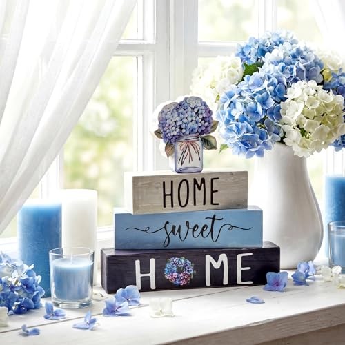 4 Pcs Farmhouse Wooden Tabletop Decor Spring Rustic Tiered Tray Blue Hydrangea