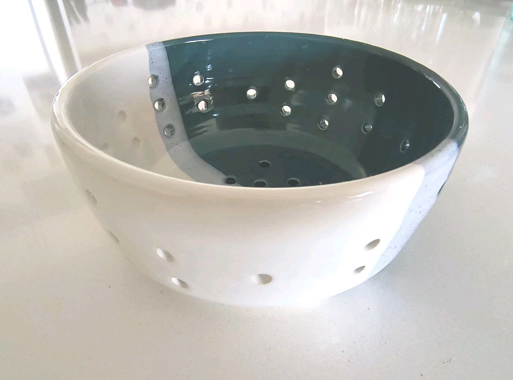 Colander Berries Pittery Bowl Strainer Ceramic White Green 6.25"