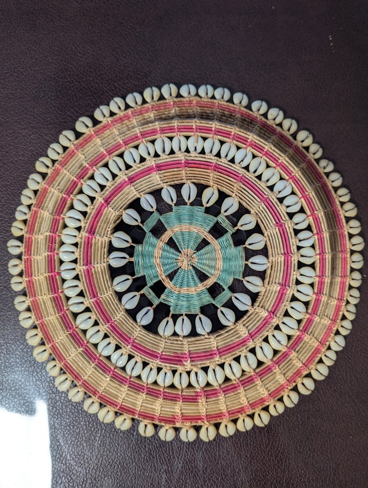 Handwoven seagrass and shell breadbasket, 12", 1970s style,