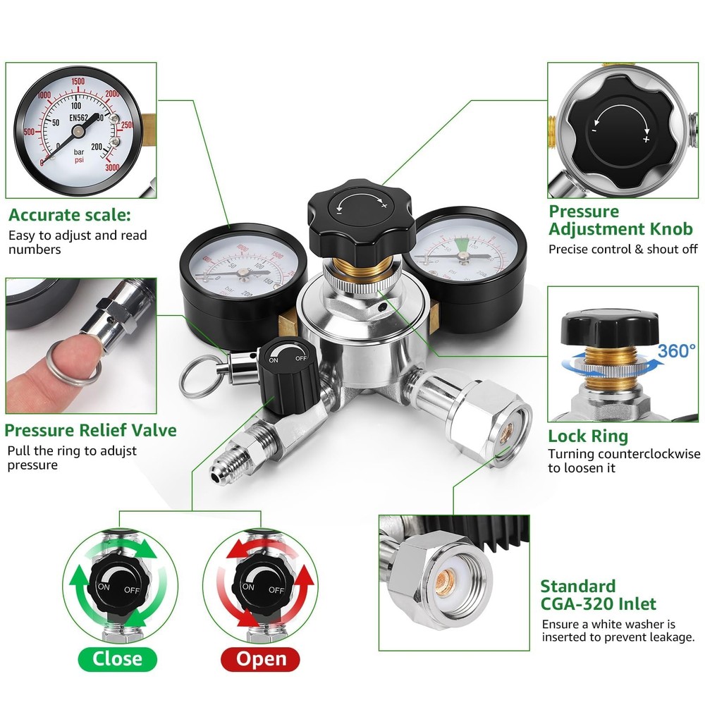 0-120 PSI CO2 Regulator High Pressure CGA-320 Beer Keg Regulator, Output Pres...