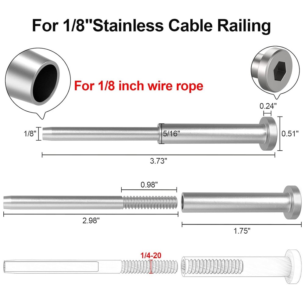50 Pack 4"x4" Cable Railing Kits 1/8" Invisible Receiver and Swage Stud End New