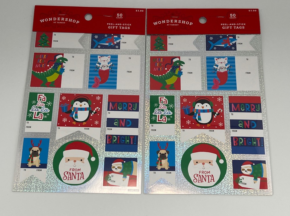 2 pack (100) Christmas Wrap Gift Tags - Peel & Stick Santa Tree Metallic Silver
