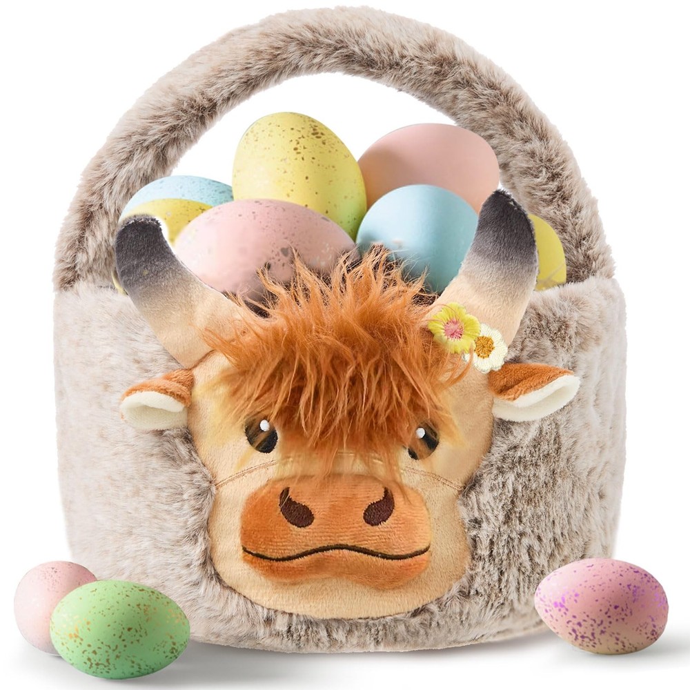 Easter Basket, Soft Highland Cow Plush Baskets, Easter Egg Hunt Buckets, East...