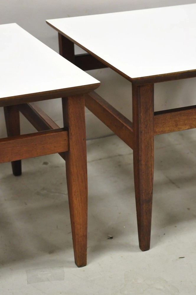Vintage Mid Century Modern Walnut Base Laminate Top Low Side Tables - a Pair