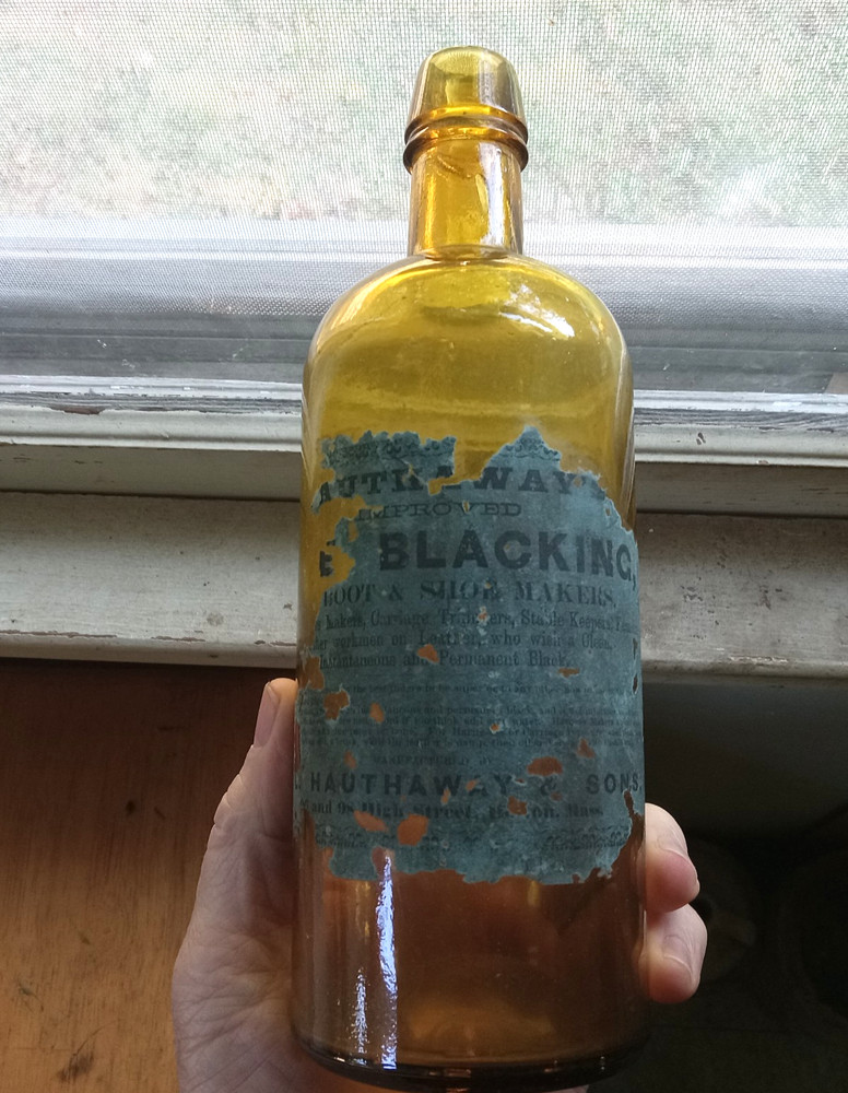 1870s HAUTHAWAY'S BLACKING FOR BOOT & SHOE MAKERS BOSTON YELLOW AMBER BOTTLE