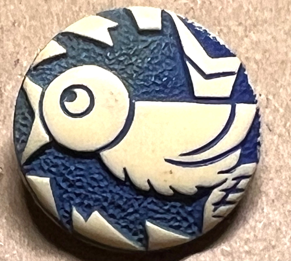 Much Loved SONG BIRD Buffed Celluloid Blue and Ivory Button Raised Design 3/4”