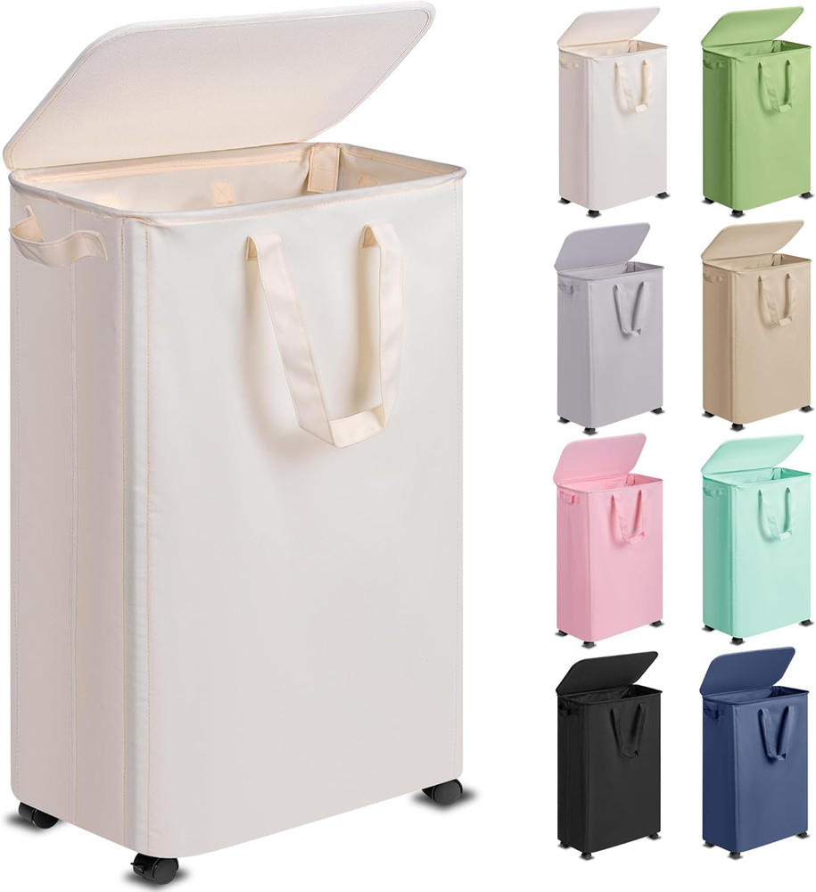 Slim Laundry Hamper with Lid and Wheels, Small Rolling Laundry Basket with Handl