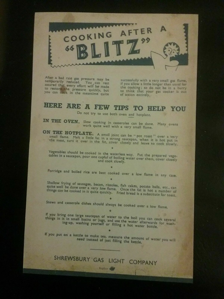 WW2 LEAFLET POSTER ON COOKING AFTER A BLITZ , HISTORY , BLITZ , SOUVENIR GIFT