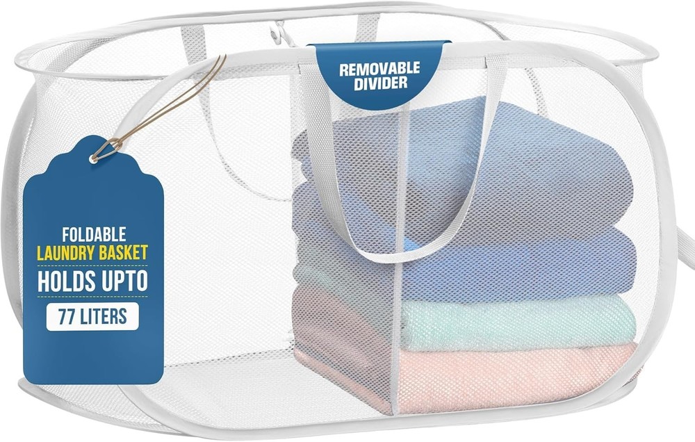 Foldable Laundry Basket - Popup and Collapsible, Durable Mesh Material, Folds...