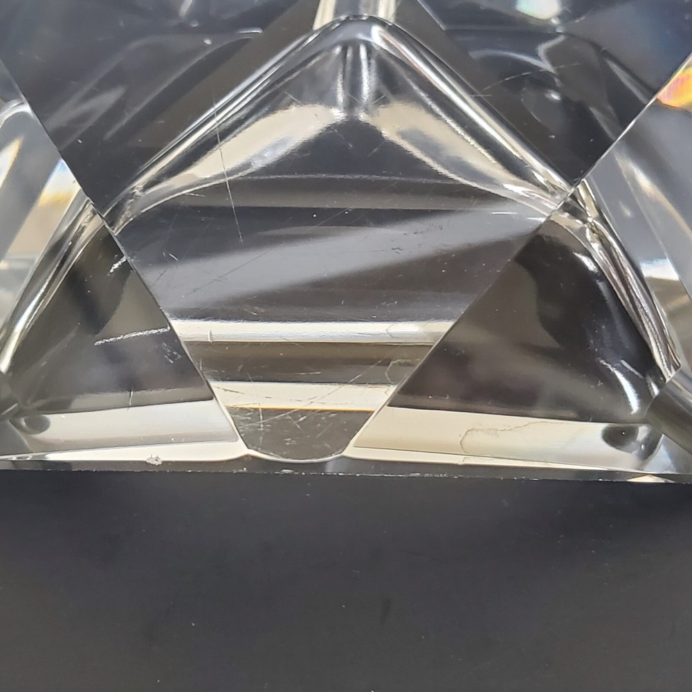clear glass triangular cigarette ashtray 6" wide 1.5" tall few tiny chips
