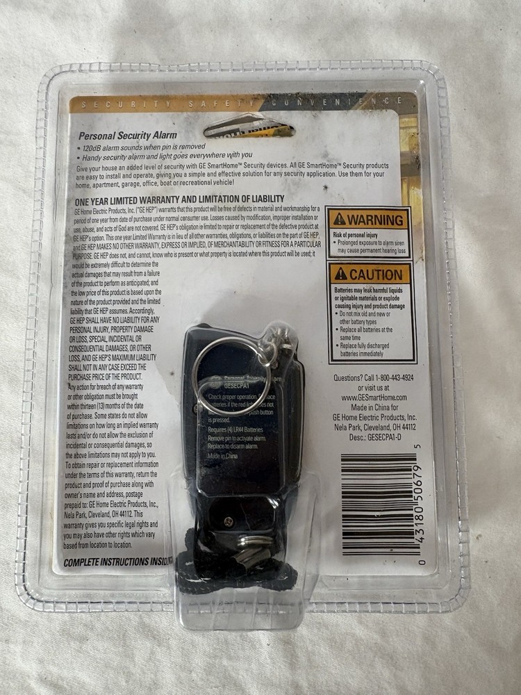 GE GESECPA1 Personal Attack Alarm 120dB Keyring Guide Light Black