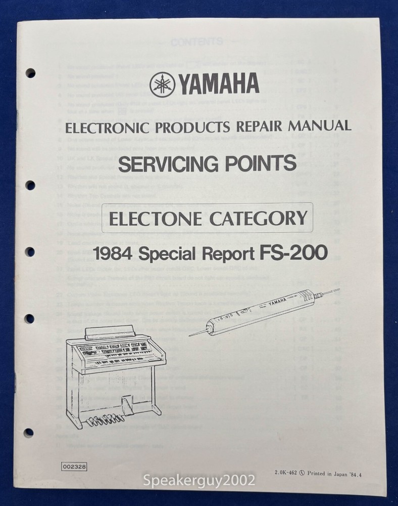 Original Yamaha Electone FS-200 Servicing Points Repair Manual