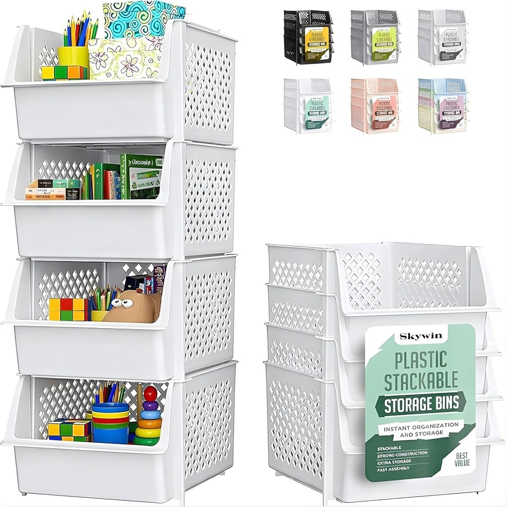TidyFriend Stackable Storage Bins, 4 Pack - White