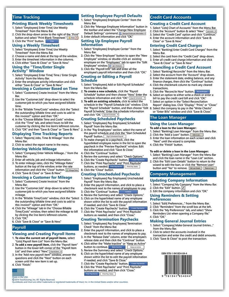 QuickBooks Pro 2015 Training Guide Quick Reference Card 4 Page Cheat Sheet