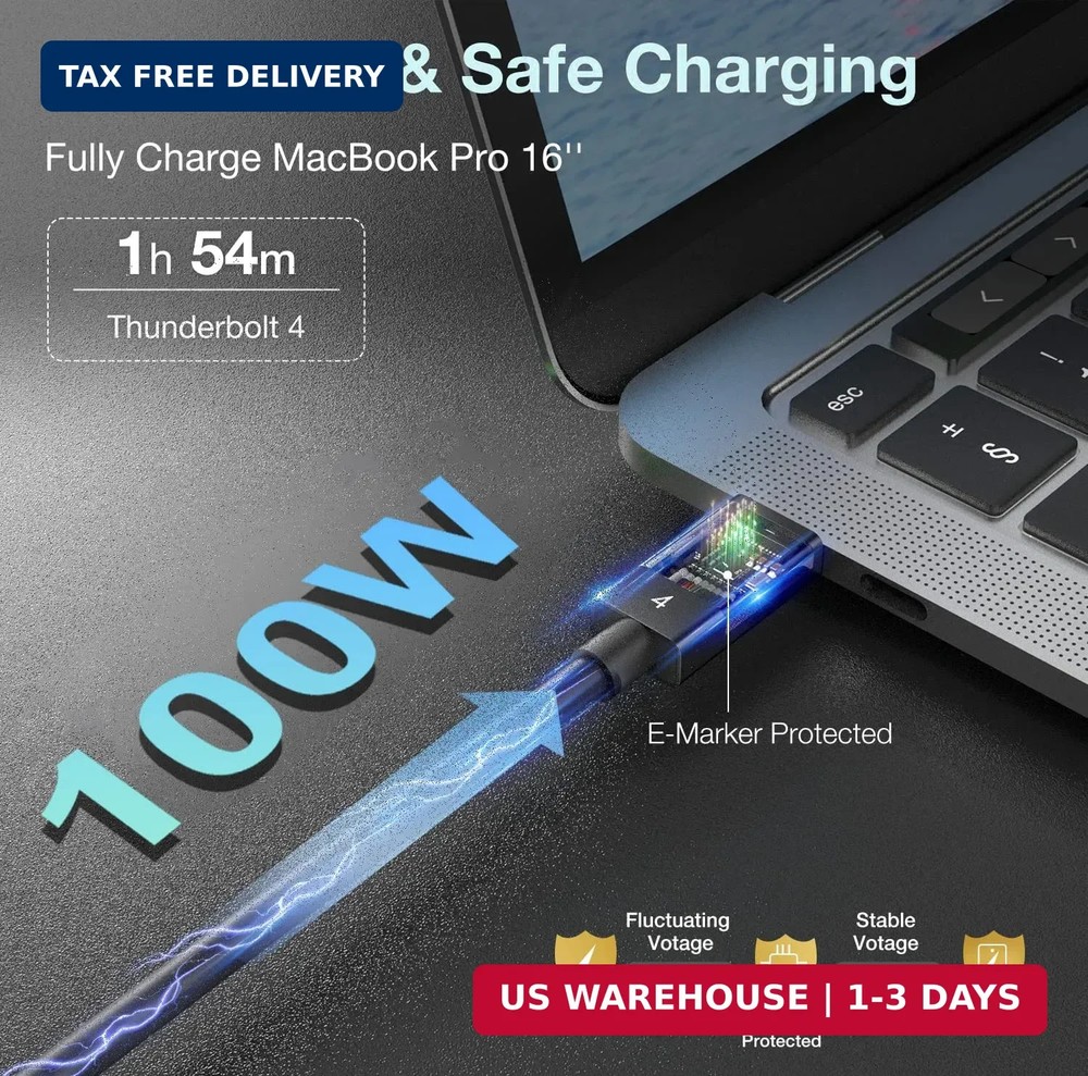 Thunderbolt 4 Cable 40Gbps [10Ft 3M] Braided, PD Charging, High-Speed Data Tr...