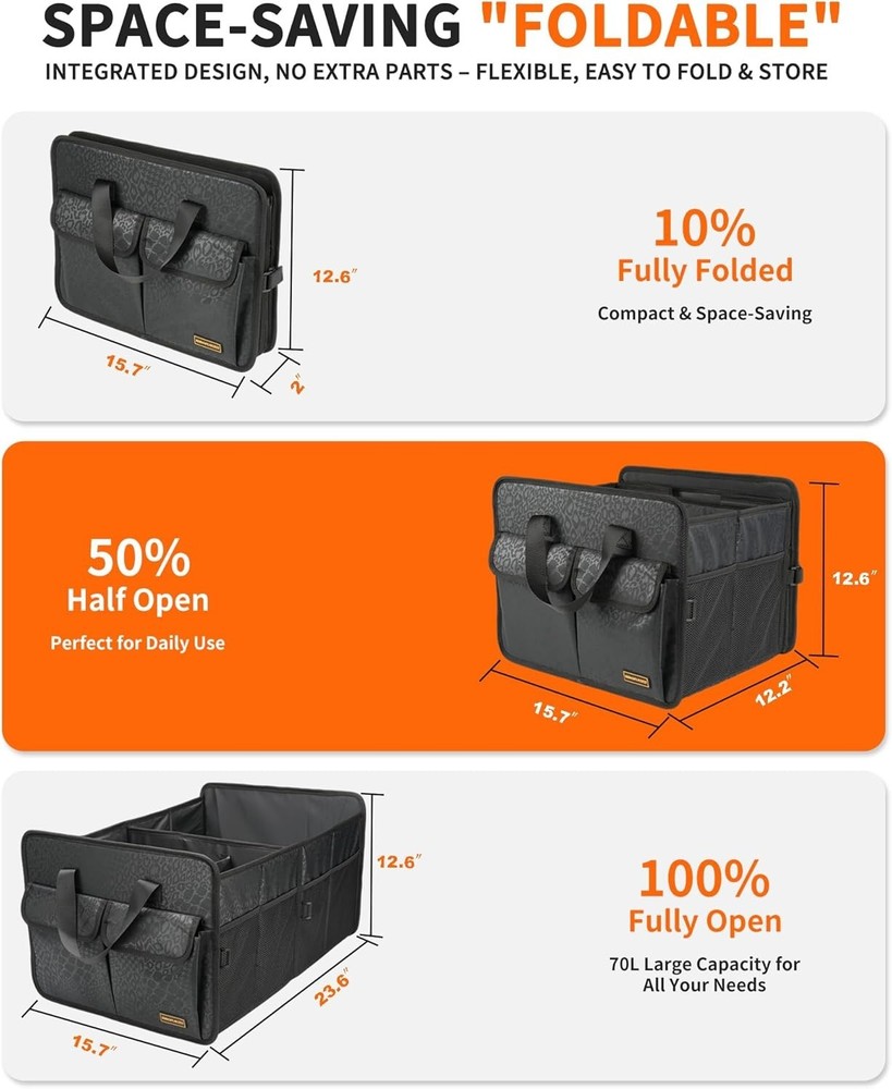 Black Leopard Collapsible Trunk Organizer - Spacious 3 Compartment Storage