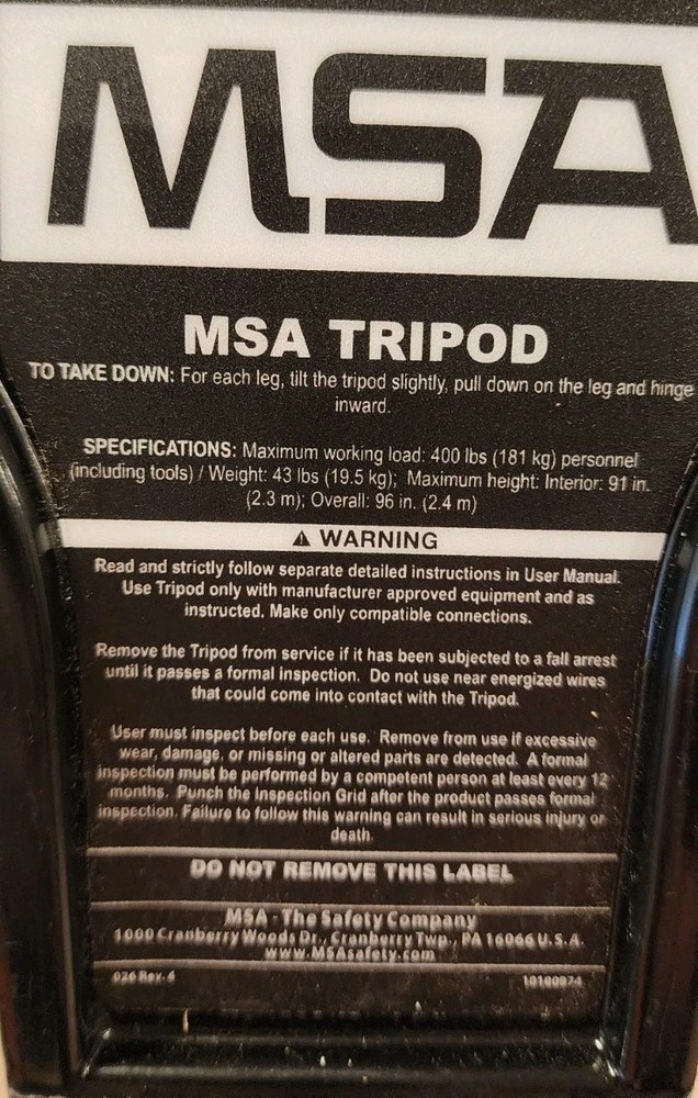 MSA 10102002 Aluminum Workman 8' Tripod