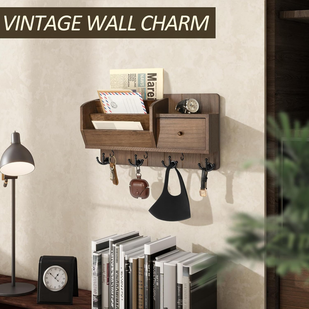 Key and Mail Holder Wall Mount - Mail Organizer Wall Mount with Storage Hooks an