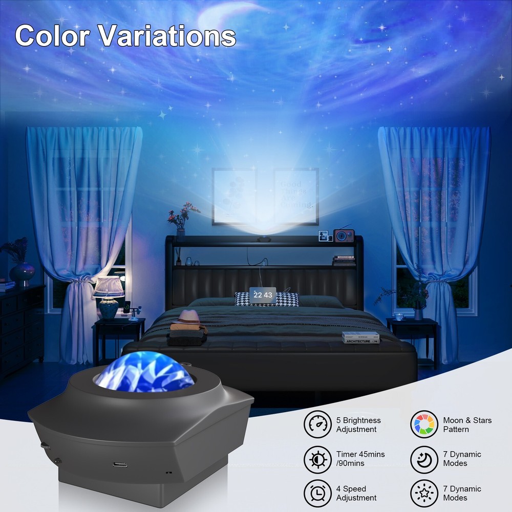 Upholstered Full/Queen/King Bed Frame with Starry Sky Light and Charging Station