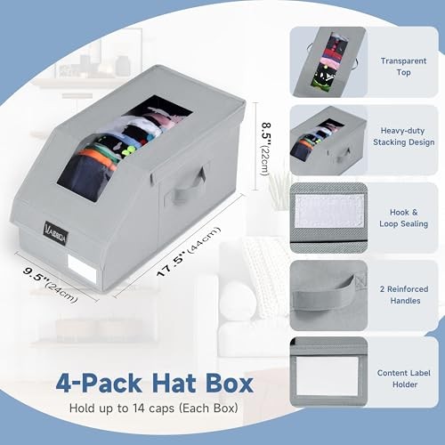 4 Pack Stackable Hat Organizer for Baseball Caps, Clear Hat Storage Box with