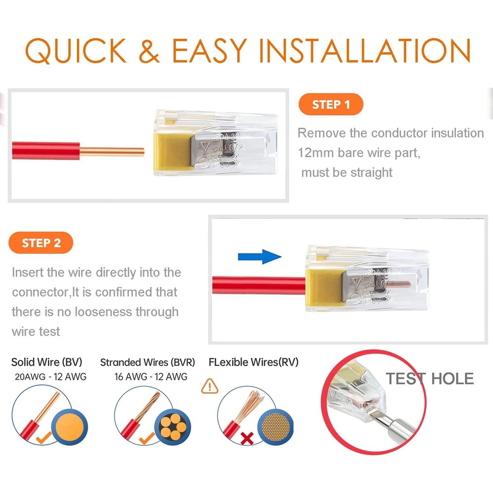 100pcs Push-in Wire Connector Splicing Terminals for Solid and Stranded Condu...