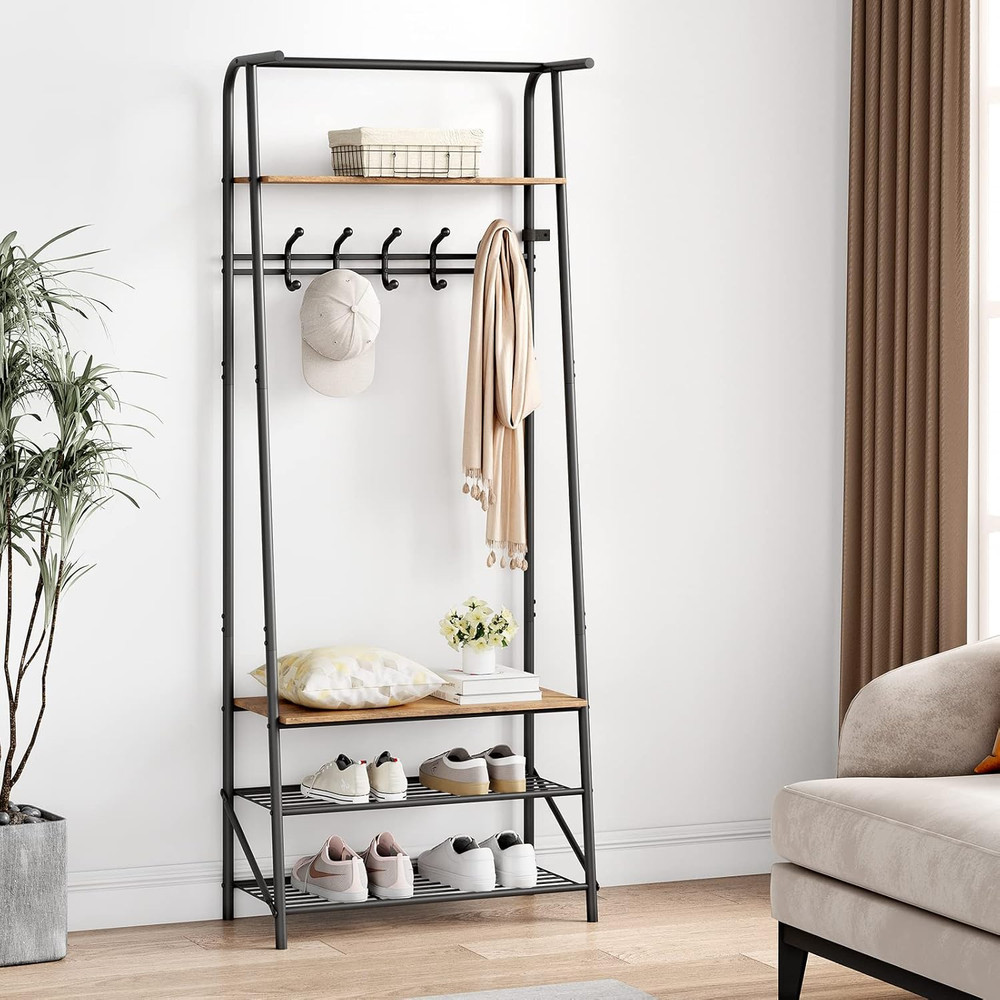 Coat Rack Shoe Bench with 5 Hooks, Hall Trees Entryway Bench with Storage, Multi